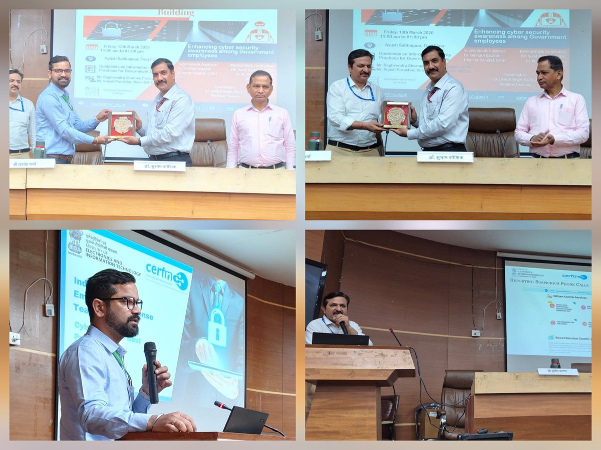 ccrhindia's tweet photo. Central Council for Research in Homoeopathy organized a half-day workshop on Cyber Security awareness and capacity building on March 13, 2026 under the guidance of Dr. Subhash Kaushik, Director General. 

Dr. Sunil Ramteke, DDG and Dr. K. C. Muraleedharan, AD(H)/Admn Incharge,  were also present during the session.

Mr. Sujeet Parashar, Scientist-C, CERT-In, Ministry of Electronics and Information Technology and Mr. Raghvendra Sharma, Project Manager, CDAC were the invited experts for the workshop. 

They equipped the participants with the essential skills to navigate digital threats, strengthen data security and build resilience in increasingly connected world.
This workshop was coordinated by Dr.Deepti Singh, Research Officer/Scientist-2, CCRH hqrs. 
#CYBERSECURITY #CyberJagrook #Secure #Workshop