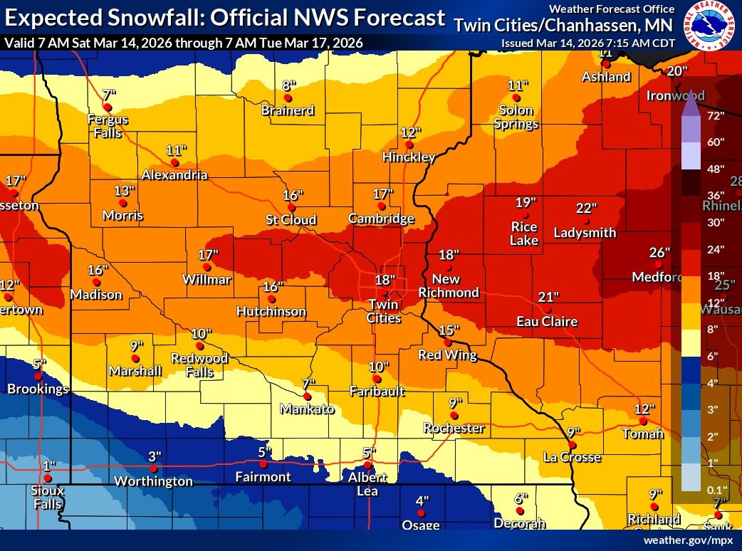 bringmethenews's tweet photo. Welp, here we go.

A massive winter storm is still on track to slam the Twin Cities, where 12-18 inches of snow is possible, and blizzard warnings have been issued in southern Minnesota.

The latest: https://t.co/FnB6KGYL6B https://t.co/ghAIl1DAJ6