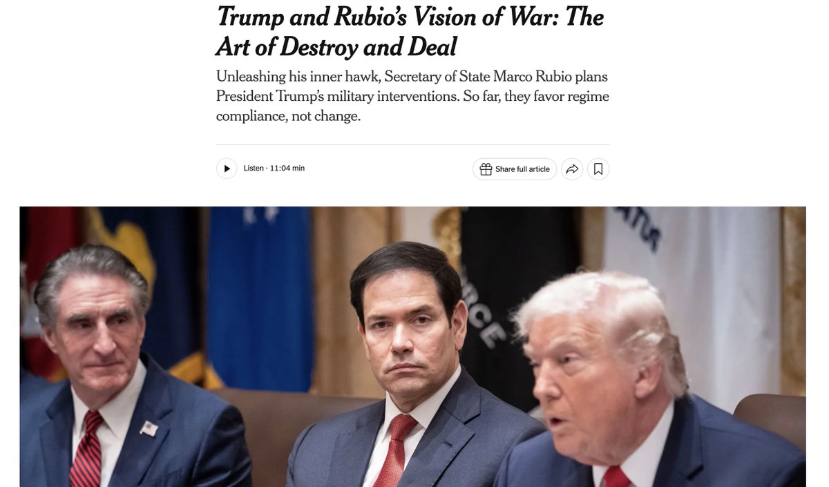 NEW from <a href="/nytimes/">The New York Times</a>: Trump and Rubio's doctrine of destroy and deal — On wars and foreign policy, they combine neoconservatism with transactionalism. They prefer regime compliance, not change. And they attack weaker powers while courting China and Russia. But Iran is retaliating.