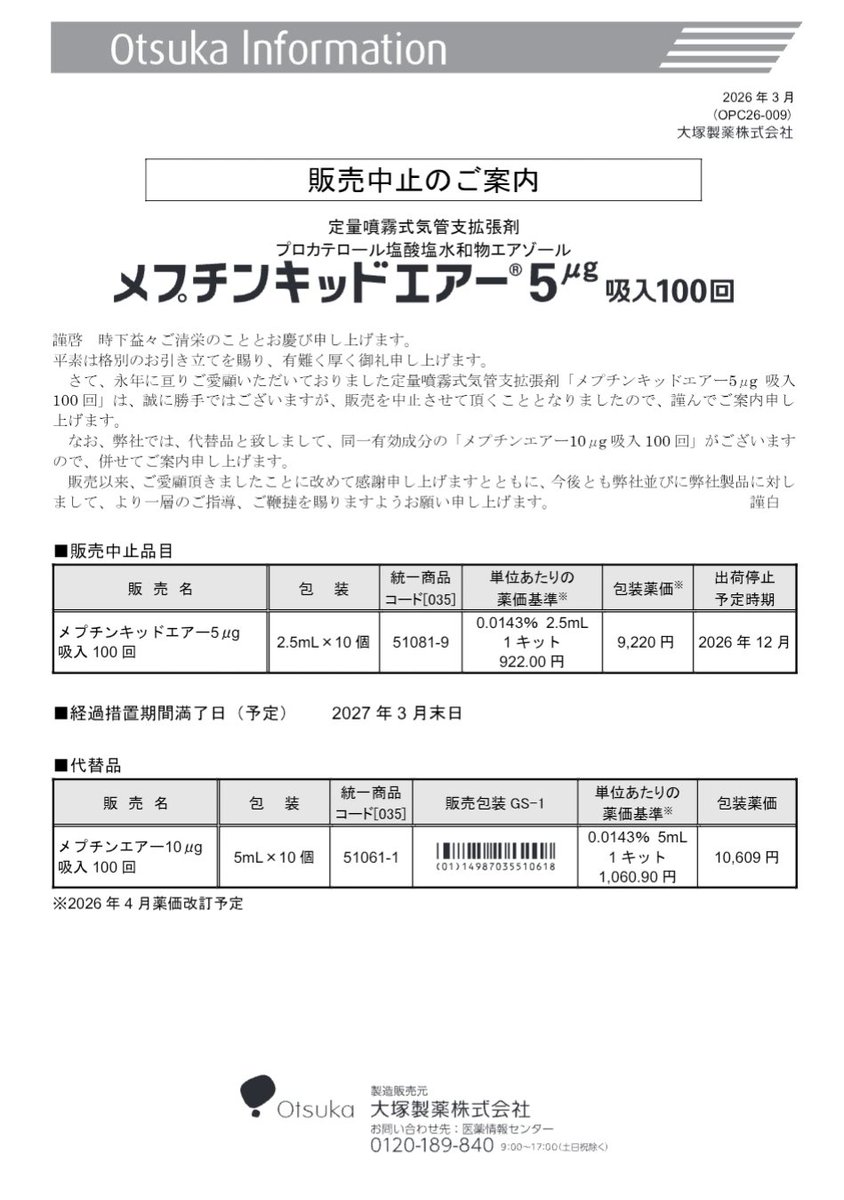 "メプチンキッドエアー5μg吸入"の販売中止が発表されました。
小児でも吸入量は1回10μgなので、"メプチンエアー10μg"で代用はできるかと思いますが、少量でコントロールされてた方は困ってしまいますね。
今年12月までは販売なので、それまでに新たなコントロール薬を調整しないといけませんね。