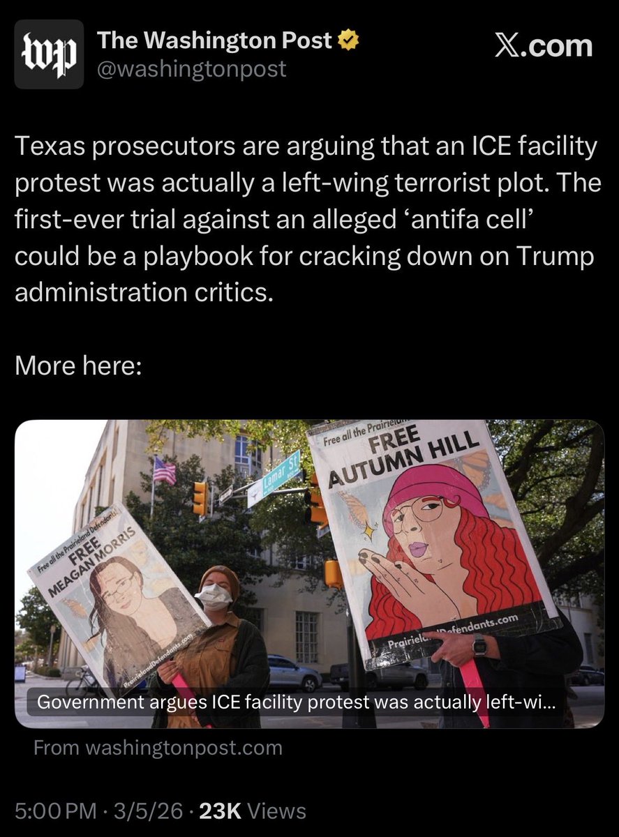 Nine Antifa terrorists were just convicted in Texas for their role in attacking an ICE facility and the attempted murder of officers.

The Washington Post described them as innocent protesters being targeted because they were “Trump critics.”

This is our national press.