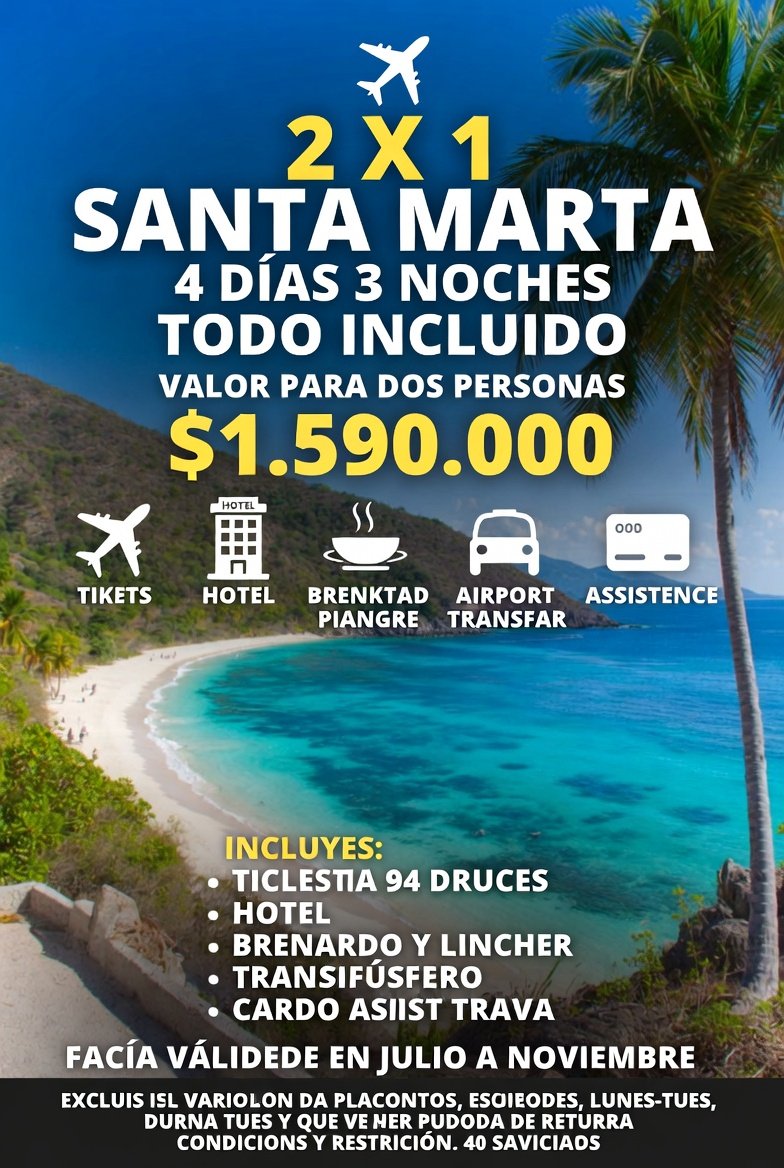 CWakantini's tweet photo. 2 X 1 SANTA MARTA 
4 DIAS 3 NOCHES 
TODO INCLUIDO 
VALOR PARA DOS PERSONAS $1.590.000
✈️ TIQUETE AEREO
🏨 HOTEL 
🍽️ DESAYUNO Y CENA 
🚖 TRASLADO AEROPUERTO HOTEL/AEROPUERTO 
🚑 TARJETA DE ASISTENCIA EN VIAJE 
** Para viajar a partir del mes de julio, agosto, ☎️3154856489 https://t.co/9nDnM3PylA