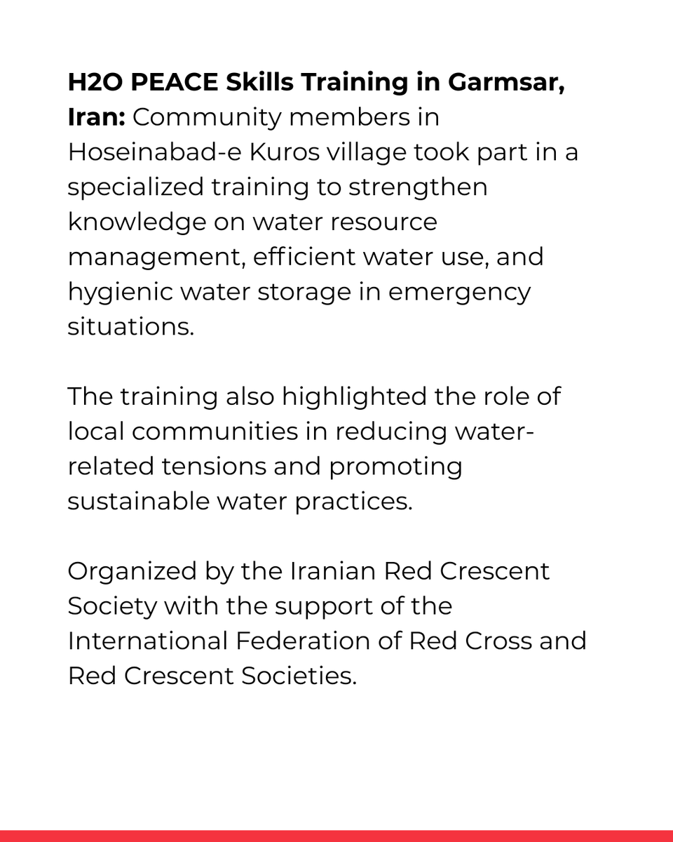 IFRC_MENA's tweet photo. Community members in Hoseinabad-e Kuros village participated in an H2O PEACE Skills training organized by the @Iranian_RCS, with support from @ifrc. 

The training focused on water resource management, safe water storage, and community preparedness.

Our sincere thanks to the Iranian Red Crescent Society for continuing to strengthen community knowledge and resilience through such trainings during these challenging times.