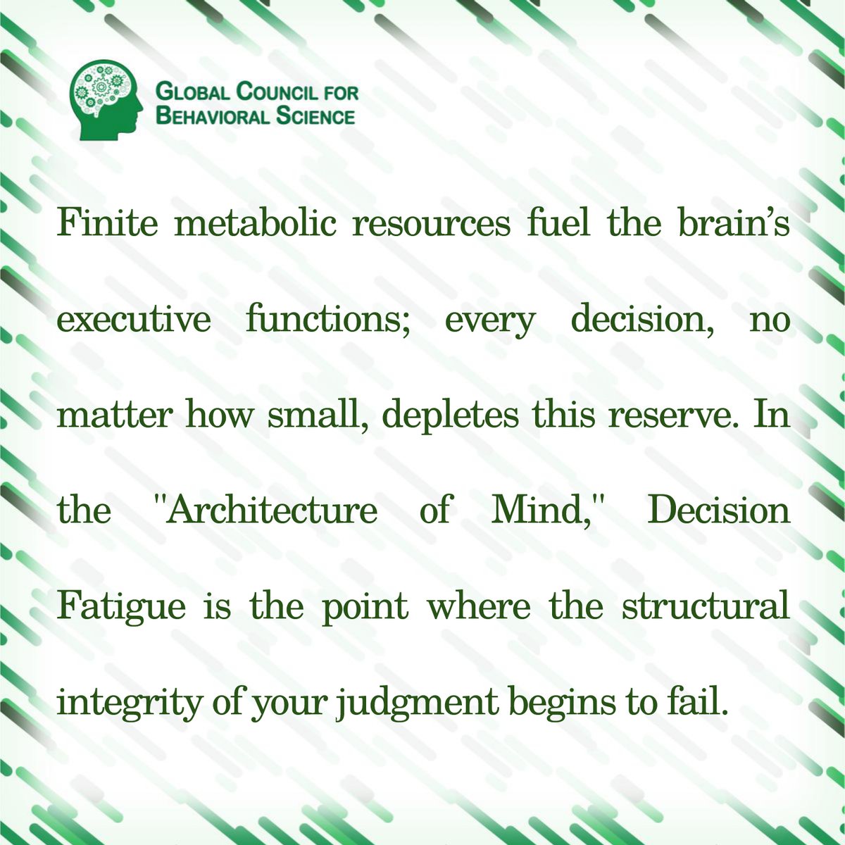 GcbsSocials's tweet image. Decision Fatigue: The Silent Eroder of Strategy.

Finite metabolic resources fuel the brain’s executive functions; every decision, no matter how small, depletes this reserve. 

#DecisionFatigue #ExecutiveFunction #GCBS #BehavioralScience #CognitiveLoad