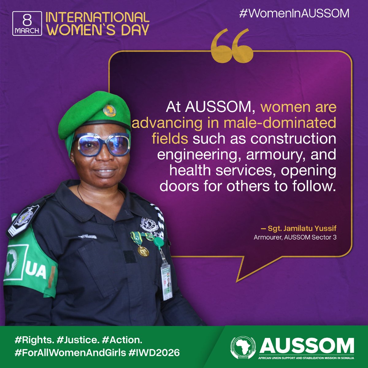aussom_'s tweet image. Through Sgt. Jamilatu Yussif, an Armourer at AUSSOM Sector 3, the Mission advances women’s participation in traditionally male-dominated fields by expanding opportunities, protecting rights, and strengthening Somalia’s security.

#Rights. #Justice. #Action. #ForALLWomenAndGirls