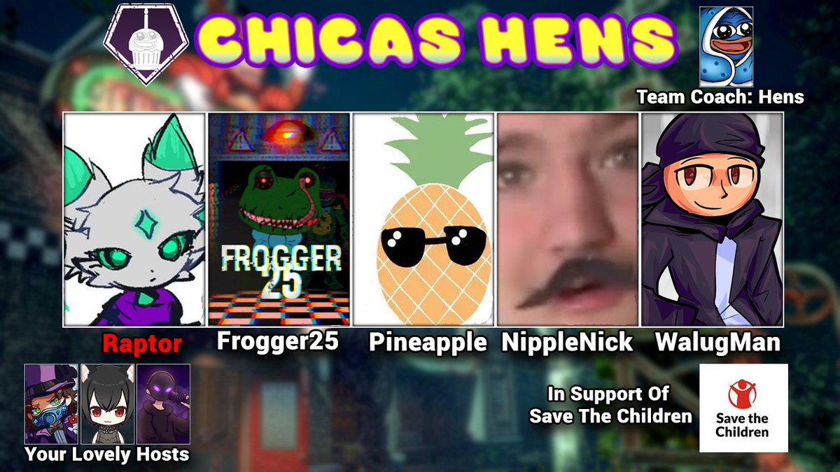 jerakaigamezYT's tweet photo. TEAM 2: Chica’s Hens

Hens As Coach
Raptor As Killer
Frogger25
Pineapple
NippleNick
WalugMan

In Support Of Save The Children 15th/16th of May https://t.co/8g2ICNDffN