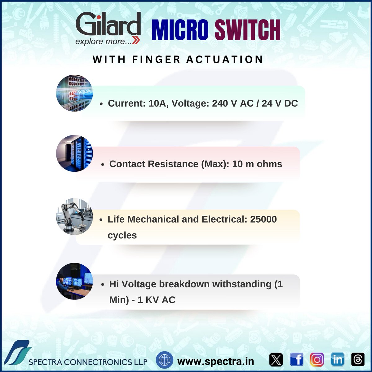 spectra_connect's tweet photo. Precision You Can Feel. Control You Can Trust. ⚡
Introducing Gilard Micro Switch. ✅✨
Shop now at - https://t.co/2eZAlUFBcm
#spectraconnectronics #totalconnectivitysolutions #gilard #microswitch #industrialswitch #controlpanel #electricalcomponents #industrialautomation https://t.co/aoKTdBYhFV