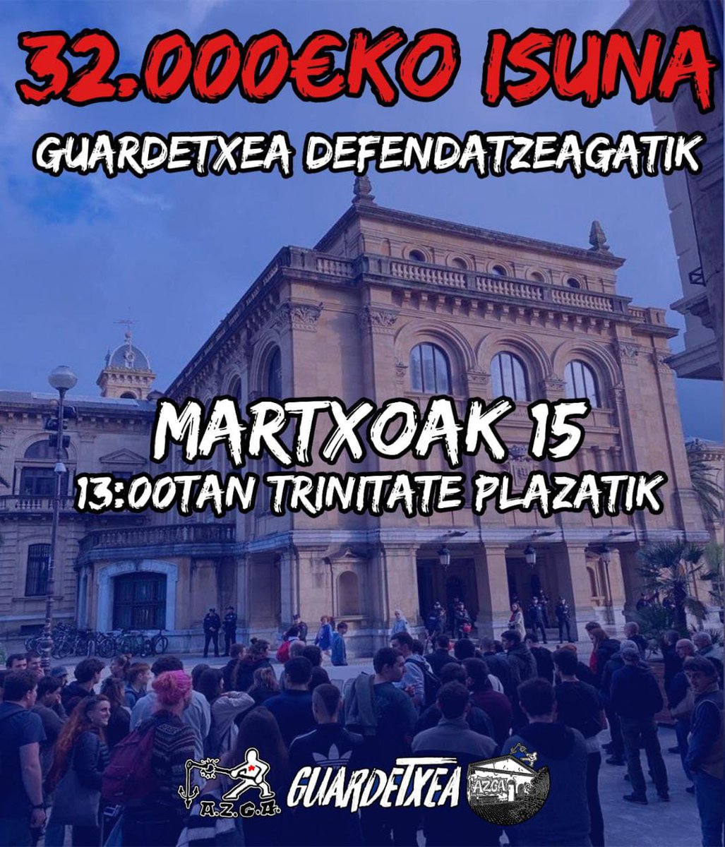 azgazteak's tweet photo. 🚨 Gogoratu bihar goizean mobilizazioa egingo degula 32.000€ko isunak salatzeko:

📍13:00etan Trinitik

Elkartasuna antolatu! 🤝
Guardetxea dedendatu! ⚒️🏚️ https://t.co/90rRgmVa9N
