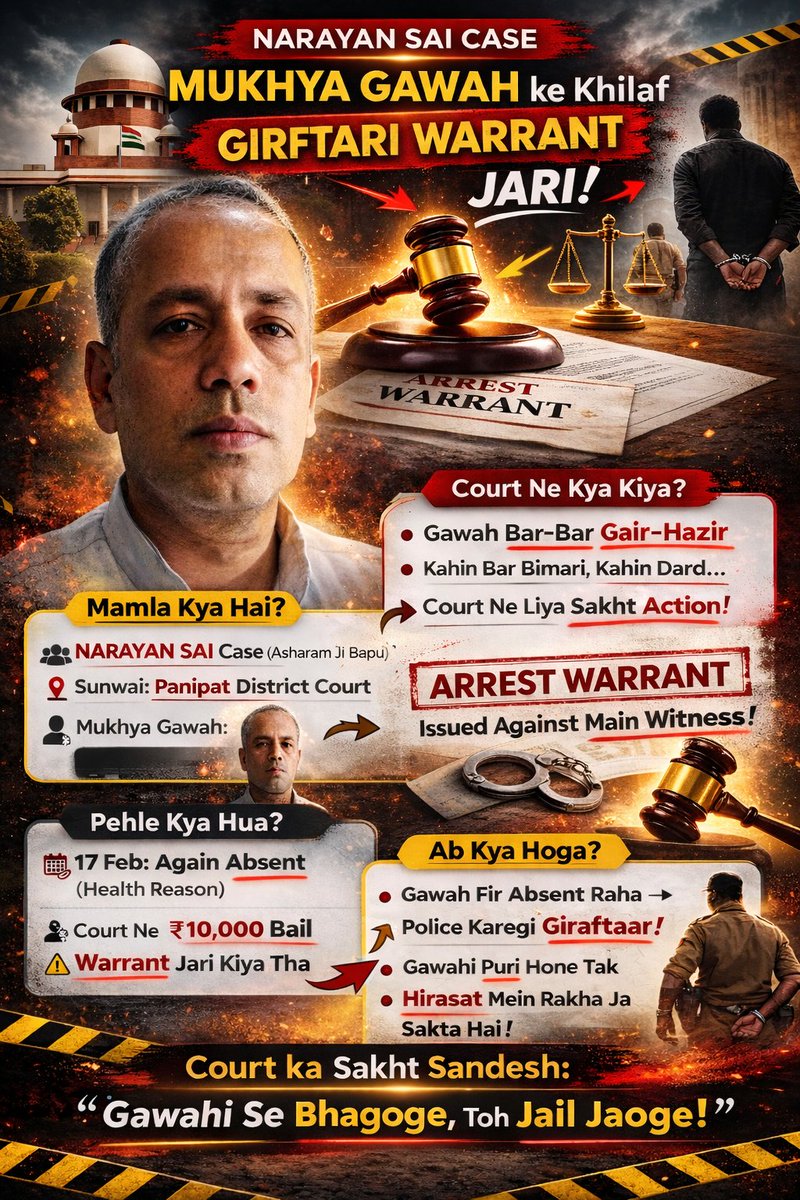 नारायण साईं केस में मुख्य गवाह महेंद्र सिंह चावला के
खिलाफ अदालत ने गिरफ्तारी वारंट जारी कर दिया।

facebook.com/share/p/1Fhium…