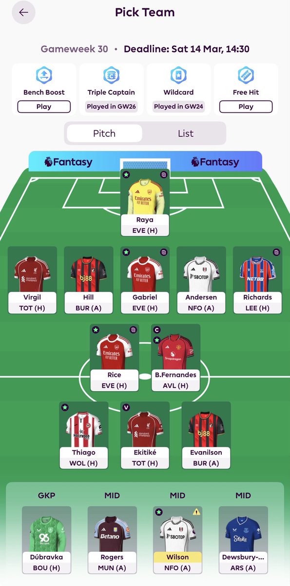 GW30 Parkera bussen!

Första gången med 5 backar i spel.
Vi fortsätter att skapa oss utrymme inför det osäkra schemat gällande GW31-34.
Bytesfritt och bindeln på Bruno som är det säkra kortet med tanke på rotationshotet för motbuden som lirade CL i veckan.

🌍90.845