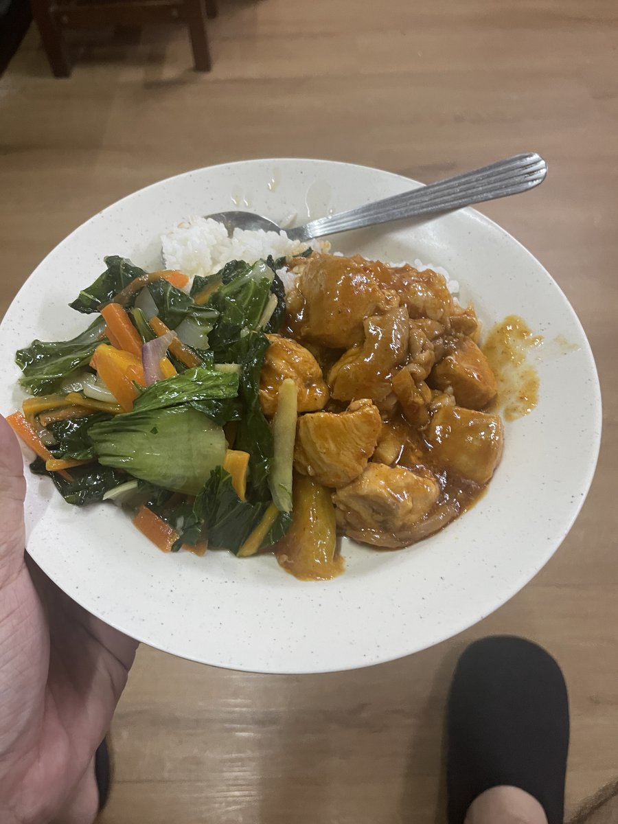 ourc_jp's tweet photo. オランウータン調査中のグルメ。1枚目は夕食のチキンカレーと野菜炒め。2枚目はおやつの揚げバナナ🍌アシスタントが作ってくれました、美味しい！ https://t.co/ddZIiCurFM