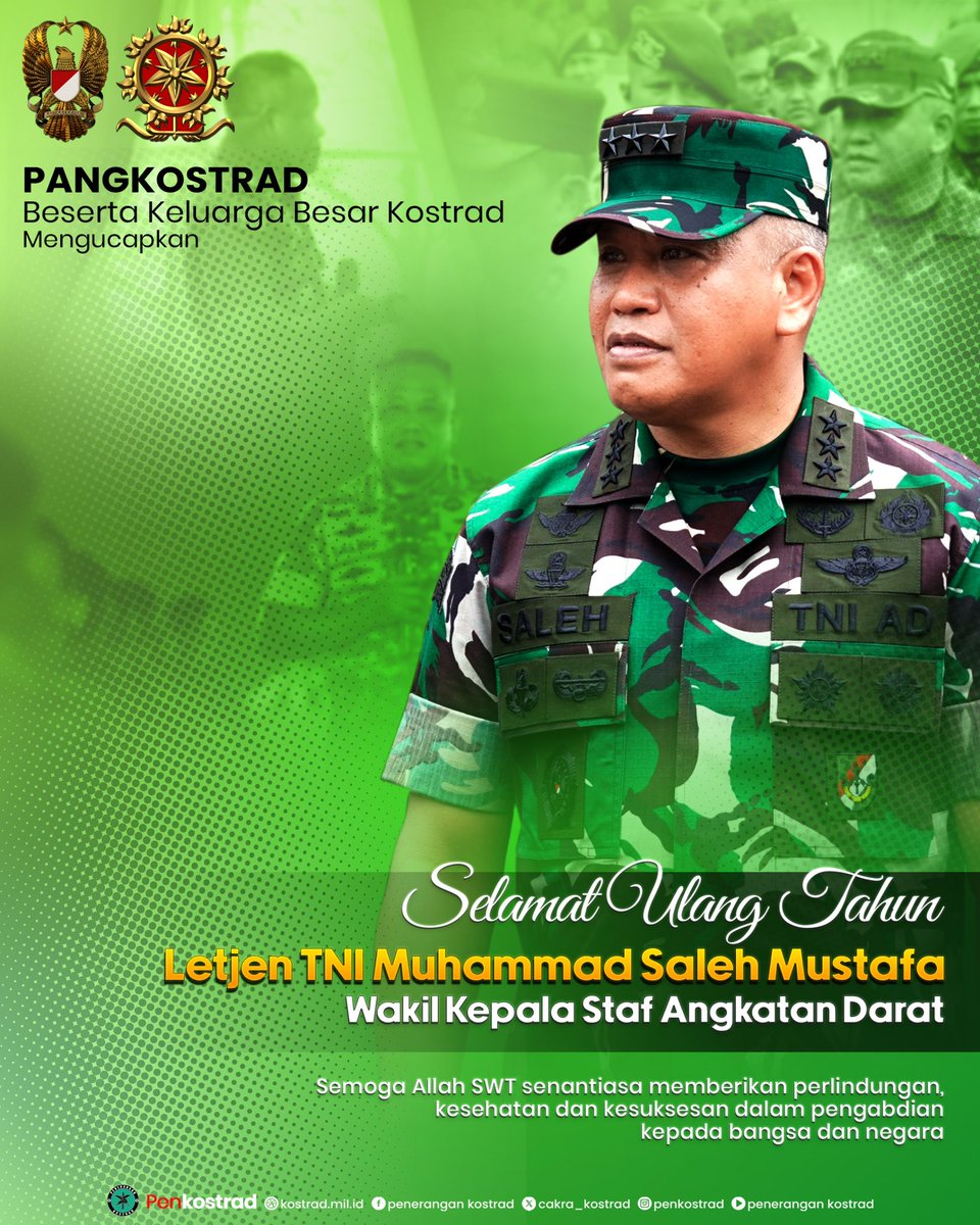 Cakra_Kostrad's tweet image. Selamat Ulang Tahun 
Letjen TNI Muhammad Saleh Mustafa
Wakil Kepala Staf Angkatan Darat

Semoga Tuhan Yang Maha Esa senantiasa memberikan kesehatan dan kesuksesan dalam pengabdian kepada Bangsa dan Negara, Aamiin

#kasad #tniad #kostrad #prima