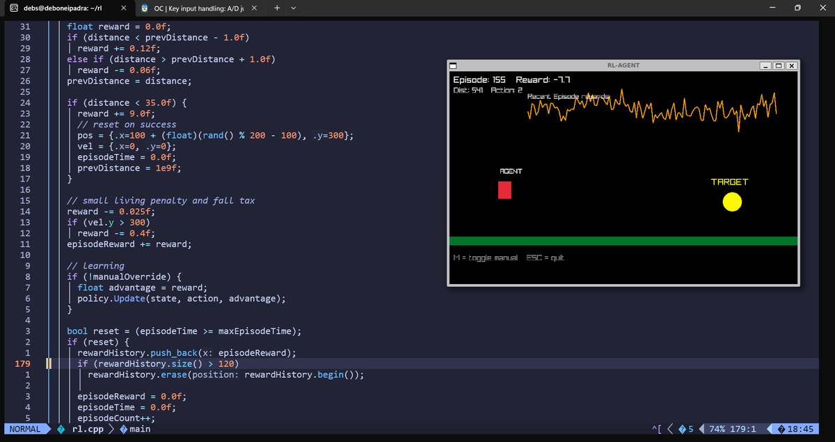Deboneilbhatt's tweet photo. hoping after few learning loops the agent becomes smart enough to reach the target efficiently!
next update soon. https://t.co/v7bAm35peC