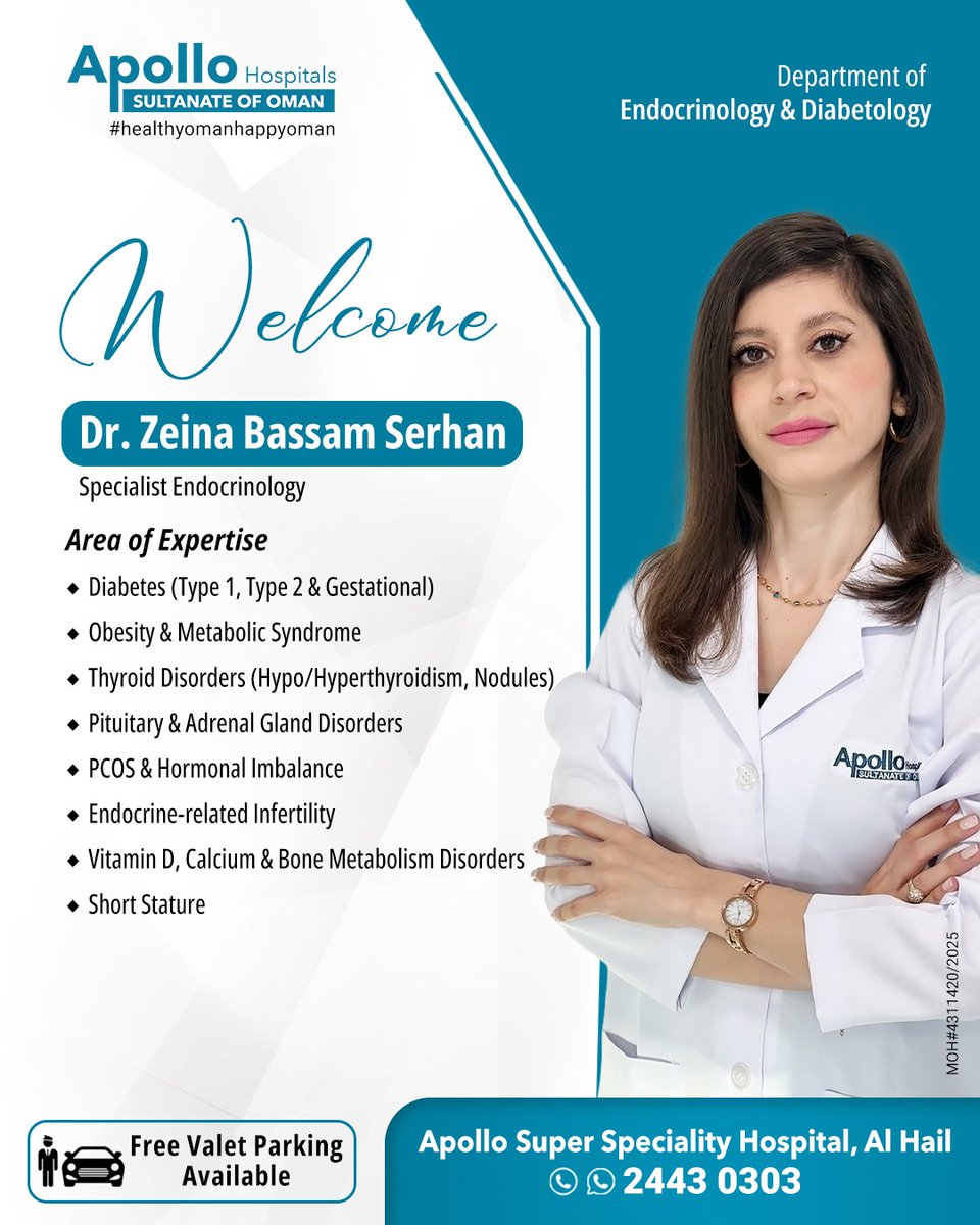 ApolloMuscat's tweet photo. Dr. Zeina Bassam Serhan, Specialist Endocrinologist &amp;  Diabetologist now available at Apollo Super Speciality Hospital, Al  Hail.  
For appointment:  Call/WhatsApp 24430303 https://t.co/iVKjcvijj8
