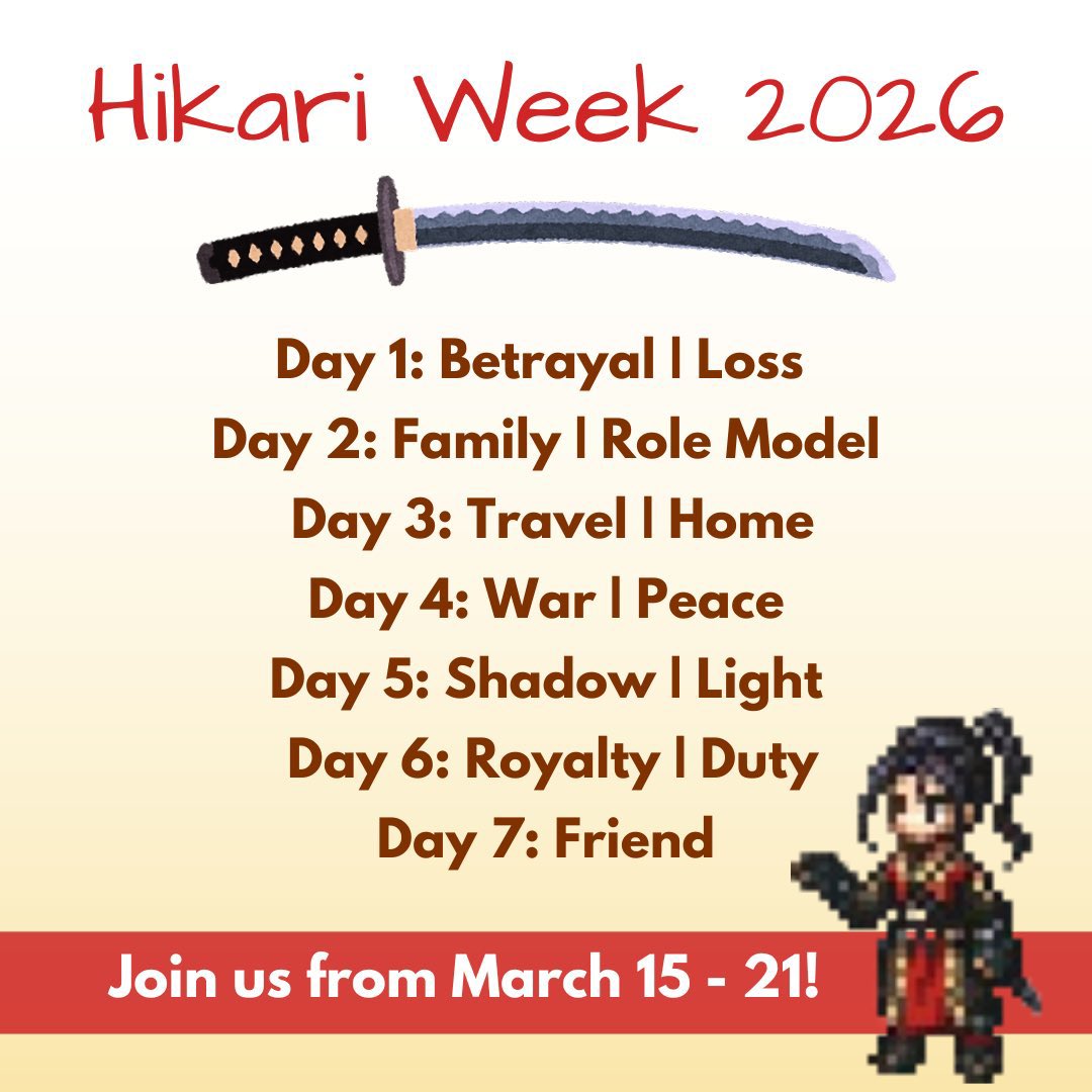 hikariweek's tweet photo. ONE DAY until Hikari Week starts!! 

Now is a great time to review the rules and get ready for the fun to begin tomorrow! Remember to use the hashtag #HikariWeek2026 or tag this account so we can share your works! https://t.co/De9EHjsySa