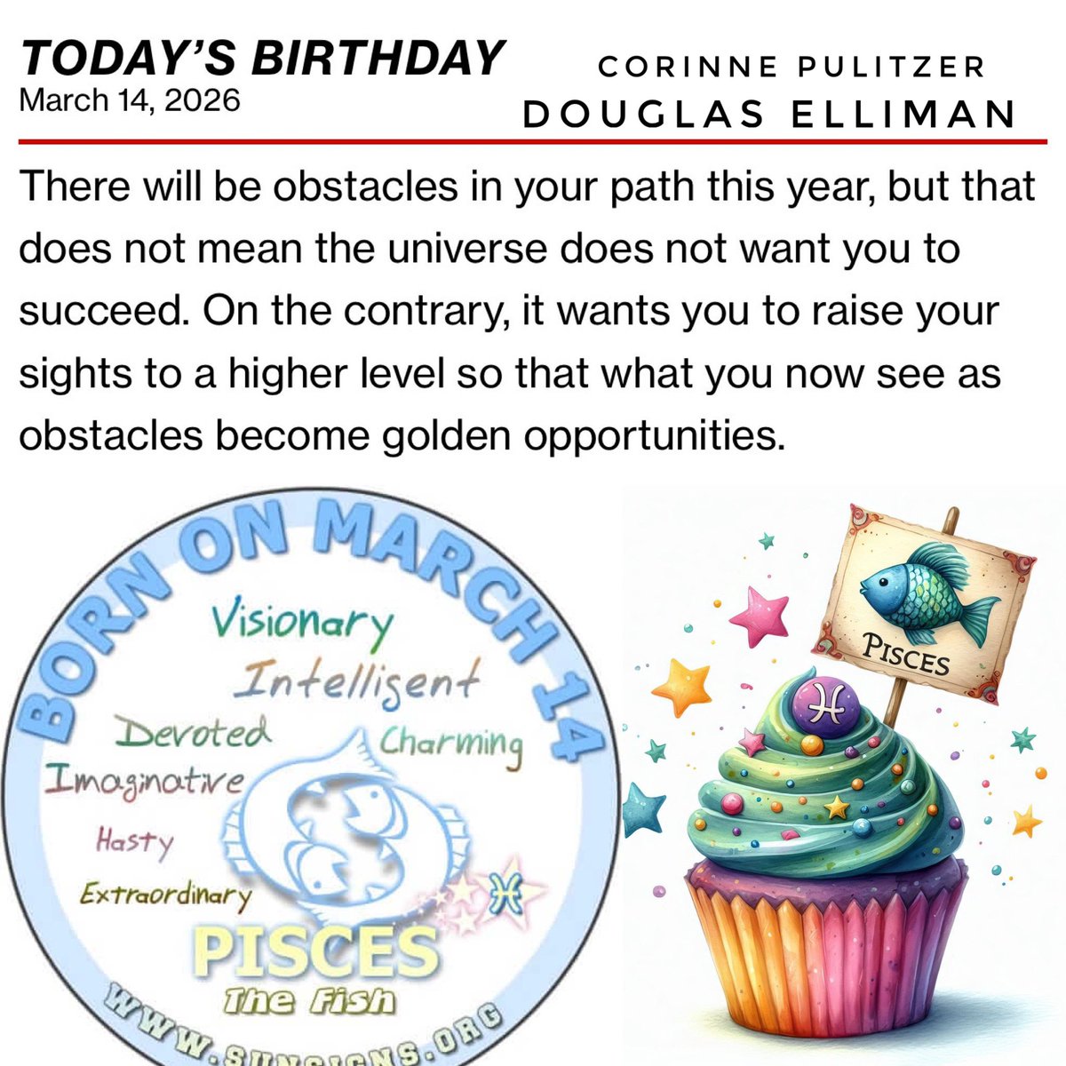 CorinnePulitzer's tweet image. For everyone celebrating a #Birthday today, #March14th
check out your Horoscope &amp;amp; enjoy your special day! #Pisces  ♓️🐟🐟🎉🎈🎂🎊🎁🥂🍾👏🏻👏🏻👏🏻👏🏻👏🏻#happybirthday #Horoscope #happybirthdaytoyou #HappyMonthOfMarch🥂🍾
@DouglasElliman