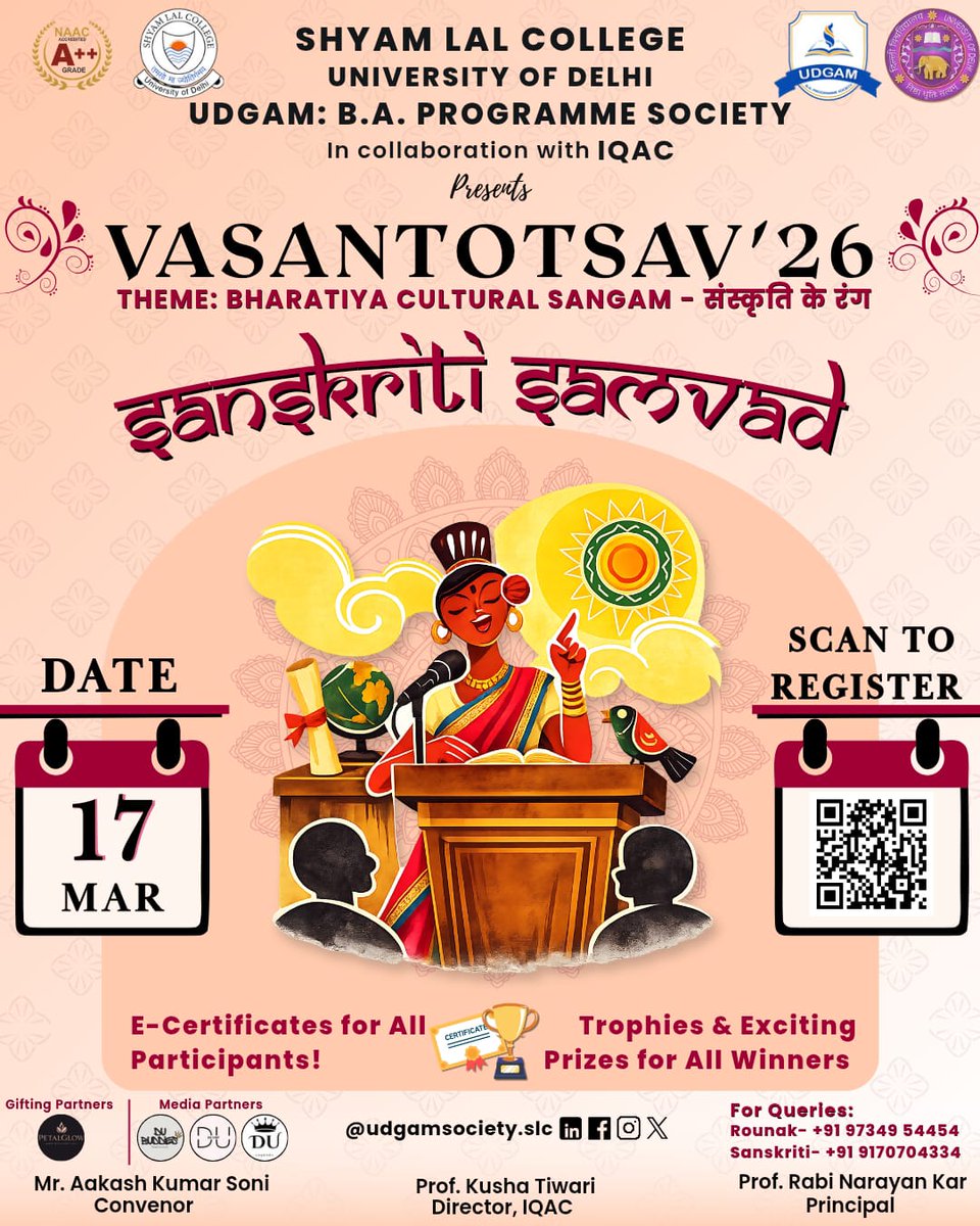 udgam_slc's tweet photo. 🎤 Sanskriti Samvad – Extempore Competition
Speak your thoughts, celebrate culture at VASANTOTSAV’26 🌺
📅 17 Mar 2026
🖥️ Online Qualifier | 📍 Offline Final
🏆 Trophies &amp; Certificates
📜 E-Certificates for all
https://t.co/Lmdjz7SVHu https://t.co/OoXLcf49pl