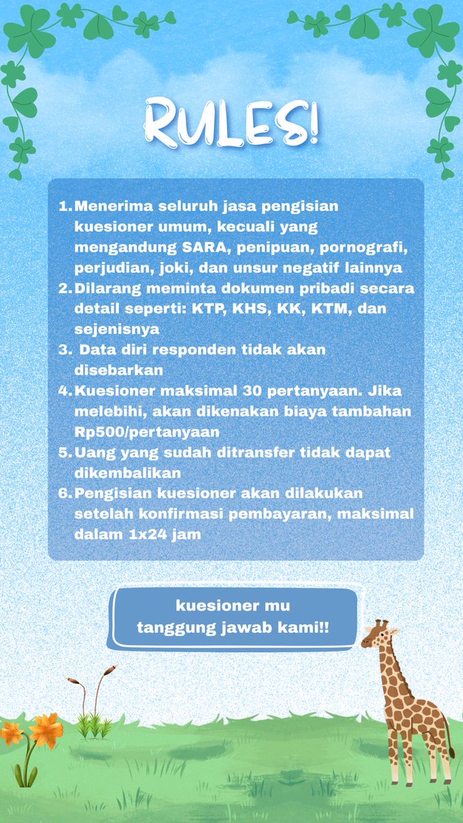 ruzzsabil's tweet photo. 📋𝐉𝐀𝐒𝐀 𝐈𝐒𝐈 𝐊𝐔𝐄𝐒𝐈𝐎𝐍𝐄𝐑 𝐏𝐄𝐍𝐆𝐌𝐀𝐒📋

Lagi dikejar target responden..tapi susah nyarinya? Kami siap bantu! 🙋🏻

☎️ 𝗖𝗢𝗡𝗧𝗔𝗖𝗧 𝗣𝗘𝗥𝗦𝗢𝗡:
https://t.co/ZPMYouG0vr(𝗗𝗶𝗿𝗮)
Keep it updated😉

#jasaisikuesioner #jasaisikuisionerterpercaya 
#zonauang https://t.co/IVOjw3C3QS