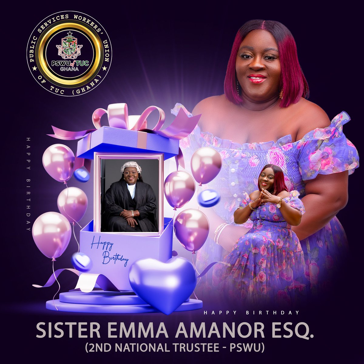 pswuoftucghana's tweet photo. Happy Birthday 🎂 
Sister Emma Amanor Esq.
(2nd National Trustee - PSWU)
Wishing you a year of good health, strength and continued success.
We celebrate you today Comrade. 
God bless you greatly 🙏🏾 

❤️💚🤍🖤
#PSWU #Birthdays #PublicService https://t.co/7OYg0Rxr9Z