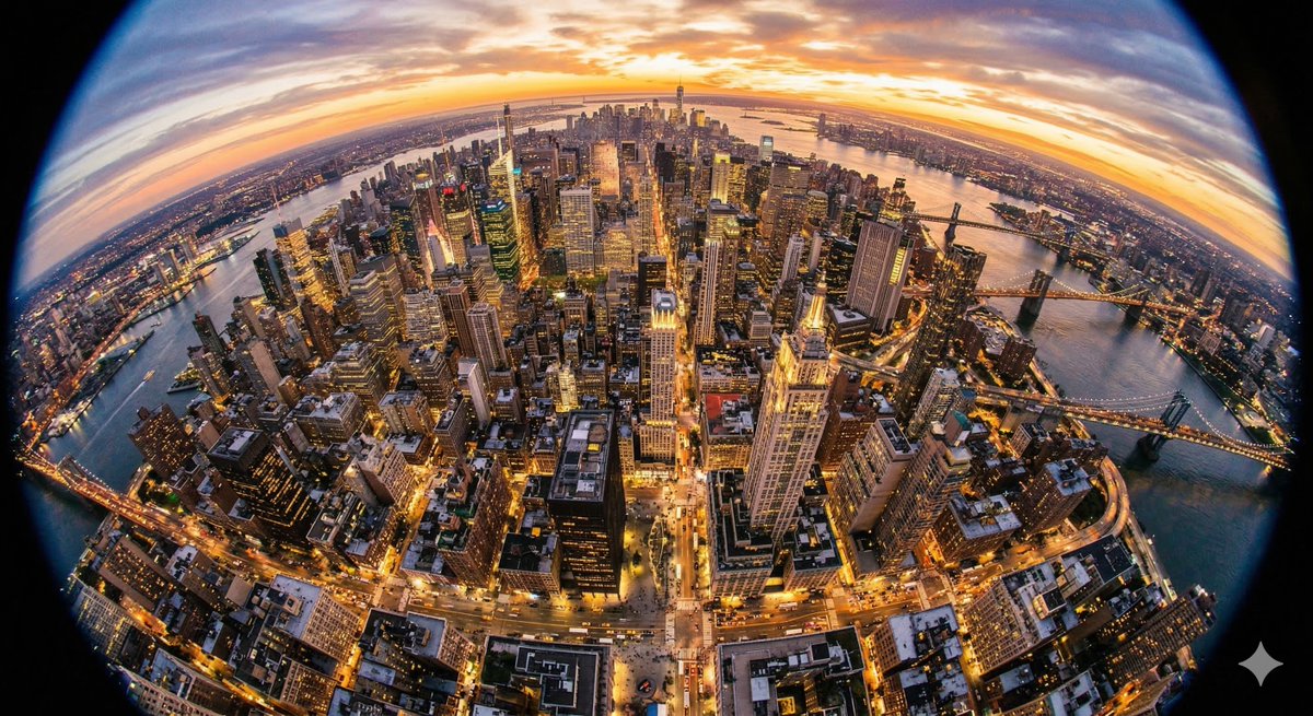 You are welcome <a href="/FlowbyGoogle/">Flow by Google</a> 
Here's 4 cities I visited recently

Prompt Example:
Ultra wide-angle fisheye lens photo looking down over Rome during beautiful golden hour. Add fisheye lens effect.

1. Amsterdam
2. Barcelona (home)
3. Dubai
4. New York