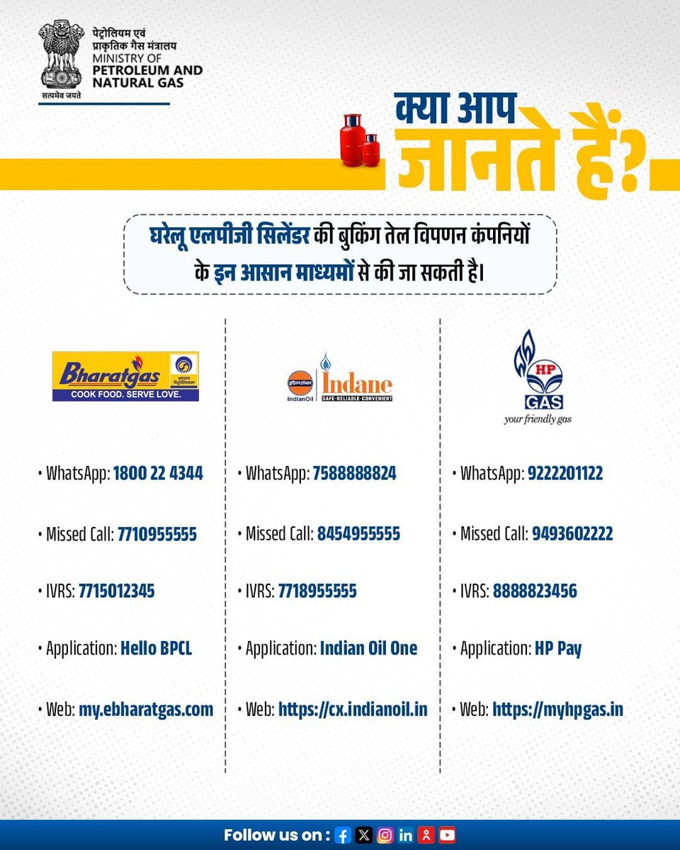 उपभोक्ताओं की सुविधा के दृष्टिगत घरेलू एलपीजी सिलेंडर की बुकिंग तेल विपणन कंपनियों के इन आसान माध्यमों से की जा सकती है। <a href="/ChiefSecyUP/">S.P. Goyal, Chief Secretary, GoUP</a> <a href="/CMOfficeUP/">CM Office, GoUP</a> <a href="/InfoDeptUP/">Information and Public Relations Department, UP</a> <a href="/myogiadityanath/">Yogi Adityanath</a> <a href="/UPGovt/">Government of UP</a> #UPCM #sitapur