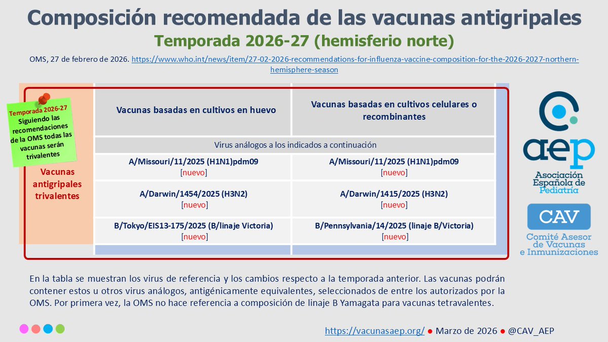 La OMS ha publicado las recomendaciones para la composición de las vacunas antigripales/ hemisferio norte en la temporada 2026-27. Como en años anteriores se recomienda las vacunas trivalentes, dejando de lado el componente Yamagata del virus de gripe B. vacunasaep.org/profesionales/…