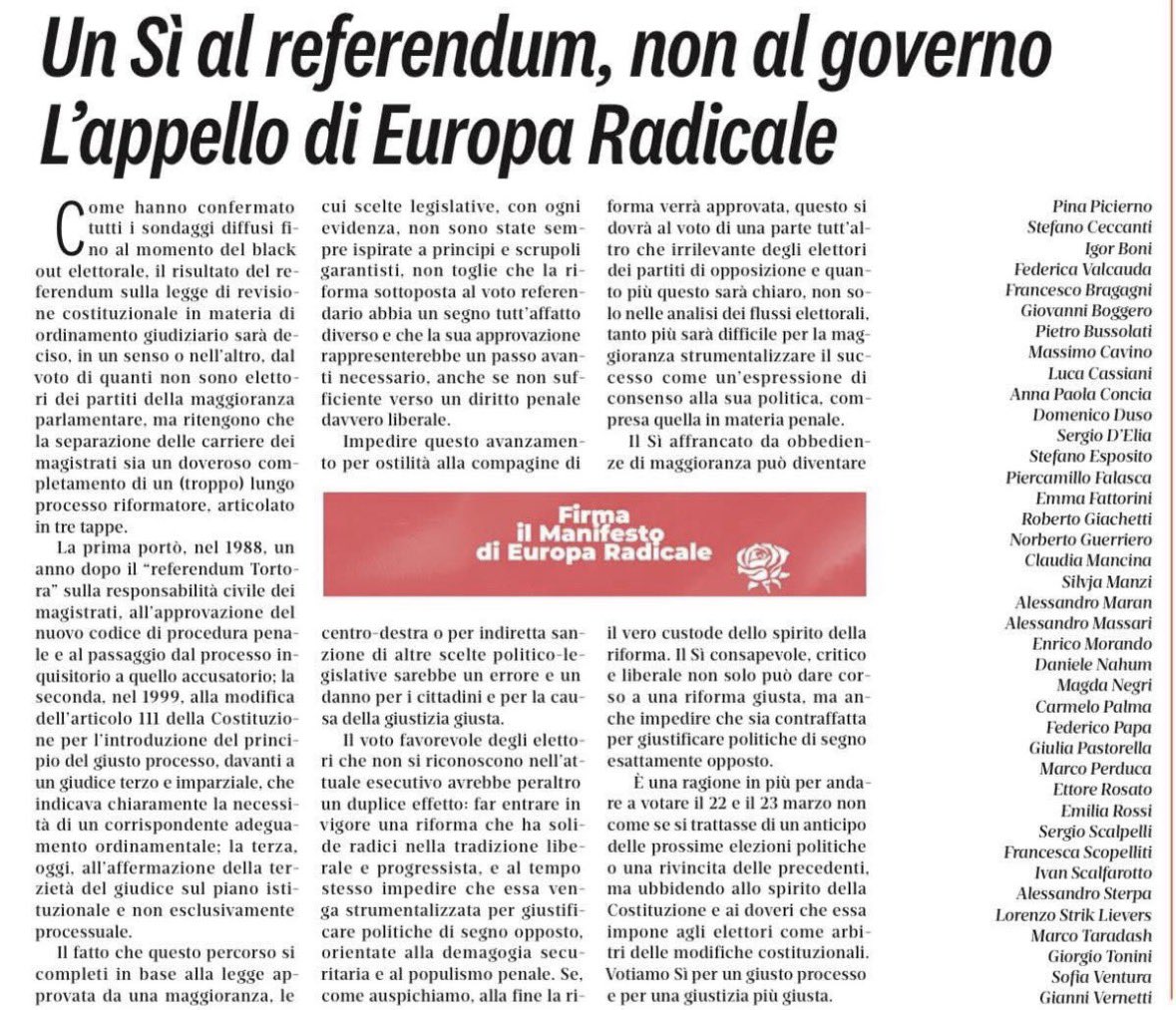 GianniVernetti's tweet image. Qui👇l’appello promosso da @EuropaRadicale che ho firmato. La separazione delle carriere è una storica battaglia radicale, socialista e liberale.  Il 22 e 23 marzo votiamo nel merito e votiamo #SI alla #SeparazionedelleCarriere