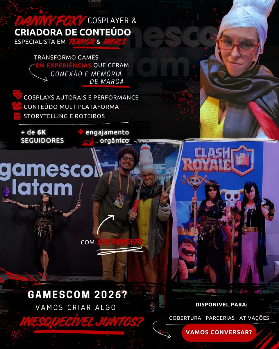 A Gamescom LATAM sempre foi um evento especial pra mim. Mas hoje também penso nela do lado profissional. Sou criadora de conteúdo focada em games (terror e indies) e cosplayer e gosto de transformar jogos em experiências que geram conversa com o público.
🧵