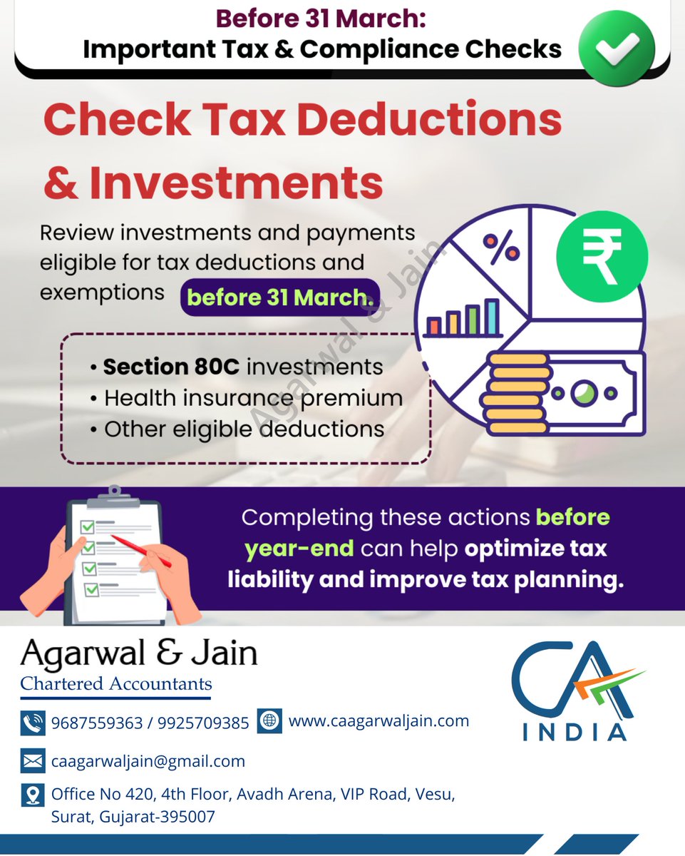 sachindjain's tweet image. Before 31 March: Review tax deductions &amp;amp; investments.
Check eligible claims such as Section 80C investments, health insurance premium, and other deductions. Completing these before year-end helps optimize tax liability.

#IncomeTax #TaxPlanning #Section80C