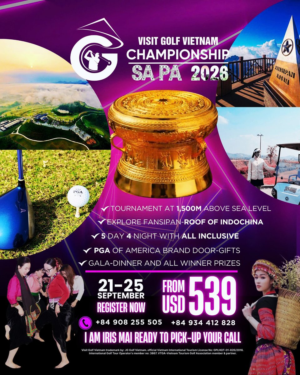 JGGOLF_VN's tweet photo. 🌟 The Visit Golf Vietnam – Signature of the 4th VGV Championship Sa Pa is happening from September 21–25, 2026! 

Join us for a unique championship where world-class golf blends with the breathtaking culture of Vietnam’s northern highlands. 

⛳ Tee off at 1,500 meters above sea level on a championship course that challenges your skill, strategy, and stamina while surrounded by dramatic mountain landscapes. 
🇻🇳 Experience the rich culture of Sa Pa, featuring traditional dances performed among the clouds. 
🏔 Take a journey to Fansipan Mountain, known as the “Roof of Indochina,” for an unforgettable adventure. 
💃 Enjoy the Xòe Thai Dance, honored by UNESCO as an Intangible Cultural Heritage of Humanity. 
🏘 Explore Cat Cat Village, home to the Black H’Mông ethnic community, filled with history, craftsmanship, and vibrant traditions. 

📝 OPEN REGISTRATION IS NOW LIVE — SECURE YOUR SLOT (Limited to 100 participants only): https://t.co/hUYQ0uwMDV 

越南高尔夫之旅 – 第四站 特别版- 沙巴高尔夫锦标赛2026年9月21日至25日。体验一场独一无二的锦标赛——世界级高尔夫与越南北部高原令人叹为观止的文化完美融合：
⛳ 在海拔1500米的锦标赛球场上挥杆，在壮丽的山景中考验您的技巧、策略和耐力。 
🇻🇳 沉浸于沙巴高原文化，欣赏云端之上的传统舞蹈表演。 
🏔 前往被誉为“印度支那屋脊”的番西邦山，开启一段难忘的高山之旅。 
💃 体验被联合国教科文组织列为人类非物质文化遗产的泰式舞蹈（Xòe Thai Dance）。
🏘 探索黑苗族聚居村，感受其悠久的历史、精湛的工艺和鲜活的传统。 
☎️立刻报名预定名额（仅限100人）