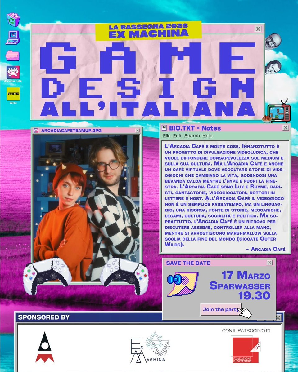 ArcadiaCafe42's tweet photo. Martedì saremo ospiti del collettivo Ex Machina al circolo Sparwasser di Roma, con l'obiettivo di farci domande e di cercare delle risposte (preferibilmente senza trovarle).

Ah, sì, il titolo: “Il videoludico italiano: pop o cultura elitaria?”.

Ci vediamo lì 👾 https://t.co/09bvFXY2qW