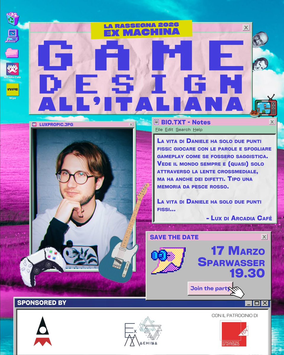ArcadiaCafe42's tweet photo. Martedì saremo ospiti del collettivo Ex Machina al circolo Sparwasser di Roma, con l'obiettivo di farci domande e di cercare delle risposte (preferibilmente senza trovarle).

Ah, sì, il titolo: “Il videoludico italiano: pop o cultura elitaria?”.

Ci vediamo lì 👾 https://t.co/09bvFXY2qW