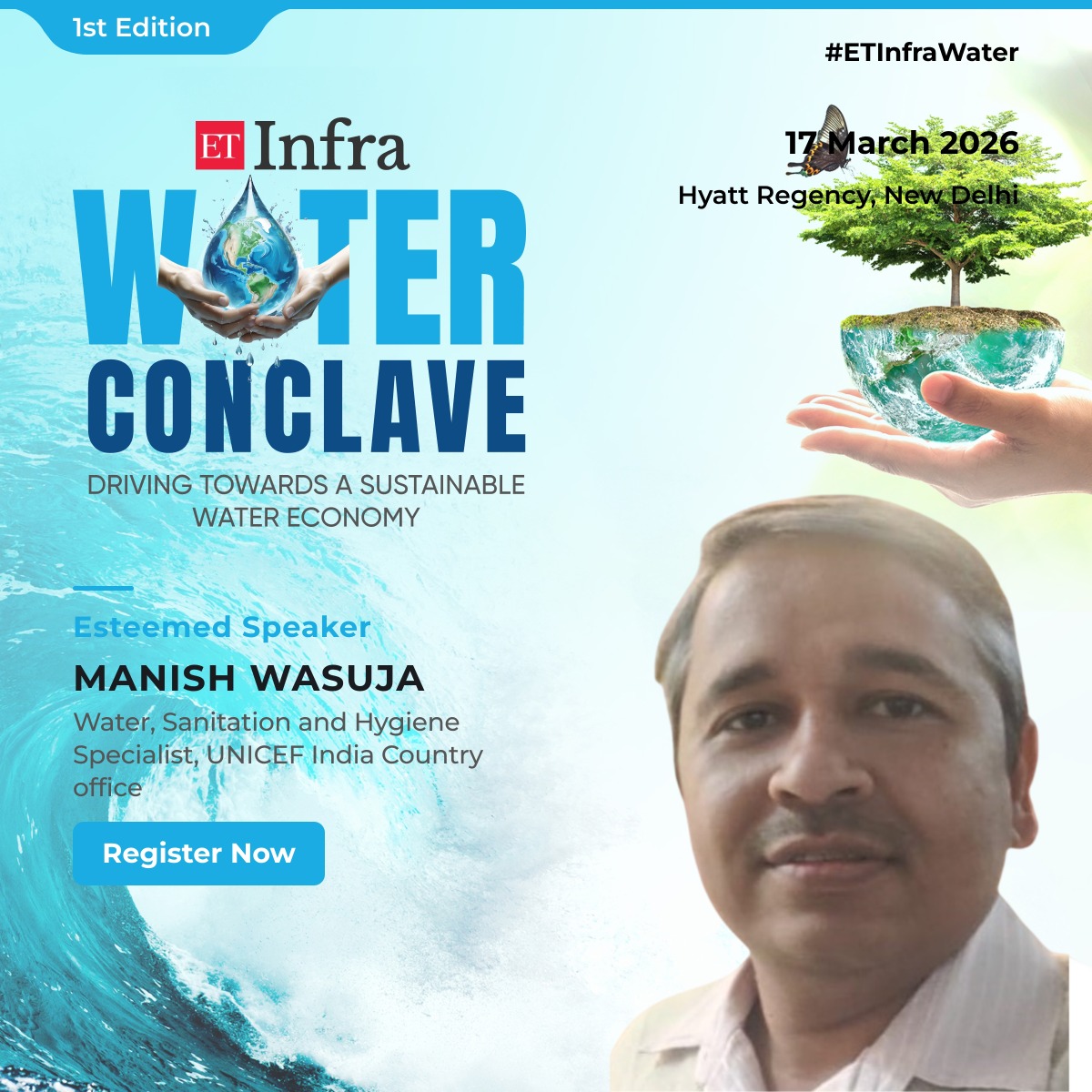ET_Infra's tweet image. Delighted to welcome Manish Wasuja of UNICEF India to speak at the ET Infra Water Conclave.

📍17 March 2026 | Hyatt Regency New Delhi

Register: infra.economictimes.indiatimes.com/water-conclave

#ETInfraWater #WaterConclave #WASH #UNICEFIndia #WaterSafety #WaterQuality #SustainableWater #WaterPolicy