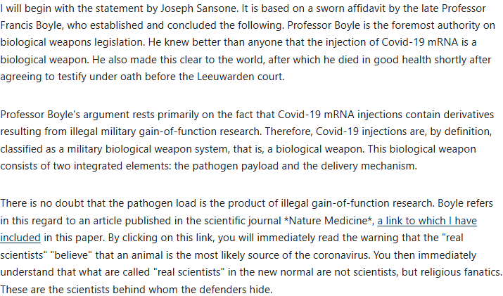 Read the full statement by Joseph Sanstone referencing Francis Boyle on the construction of the Covid mRNA as a bioweapon technology (nanotechnology). This injection comes from illegal military gain of function reasearch. 

essentiel-news.translate.goog/genocide-trans…