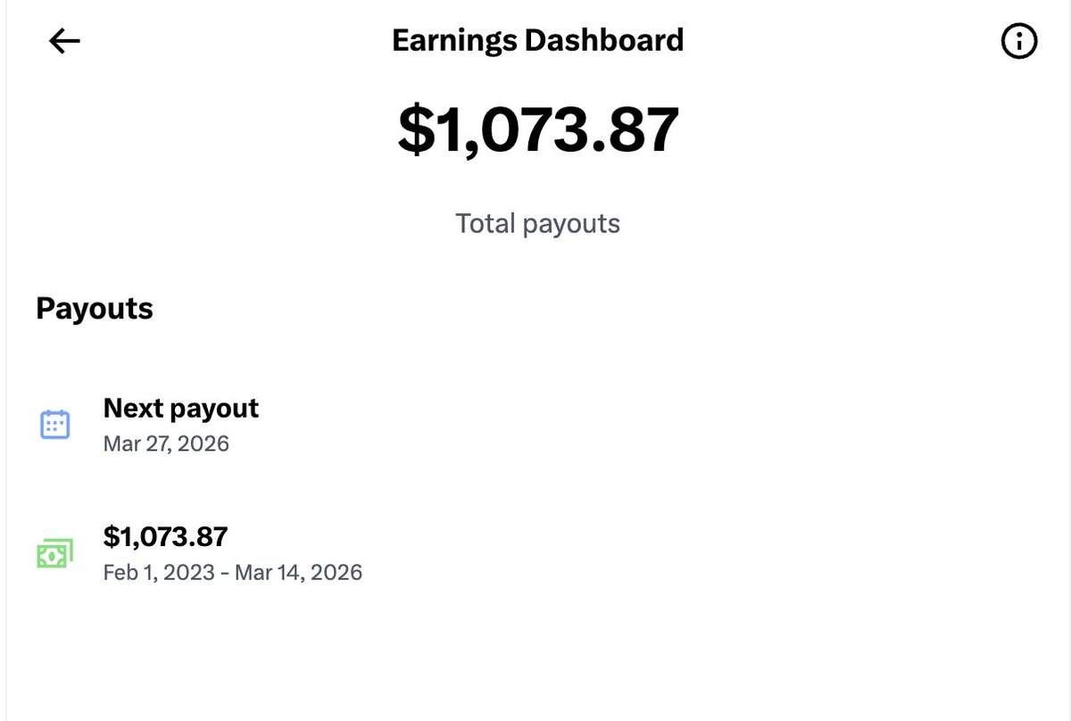 Thanks <a href="/nikitabier/">Nikita Bier</a> for my first X creator payment ever!

X paid me 1073$ for 12.5M impressions on my articles 🧾

Not sure how exactly math works here, but thankful for every single view and person, who enjoyed reading my content, we keep going 🙏