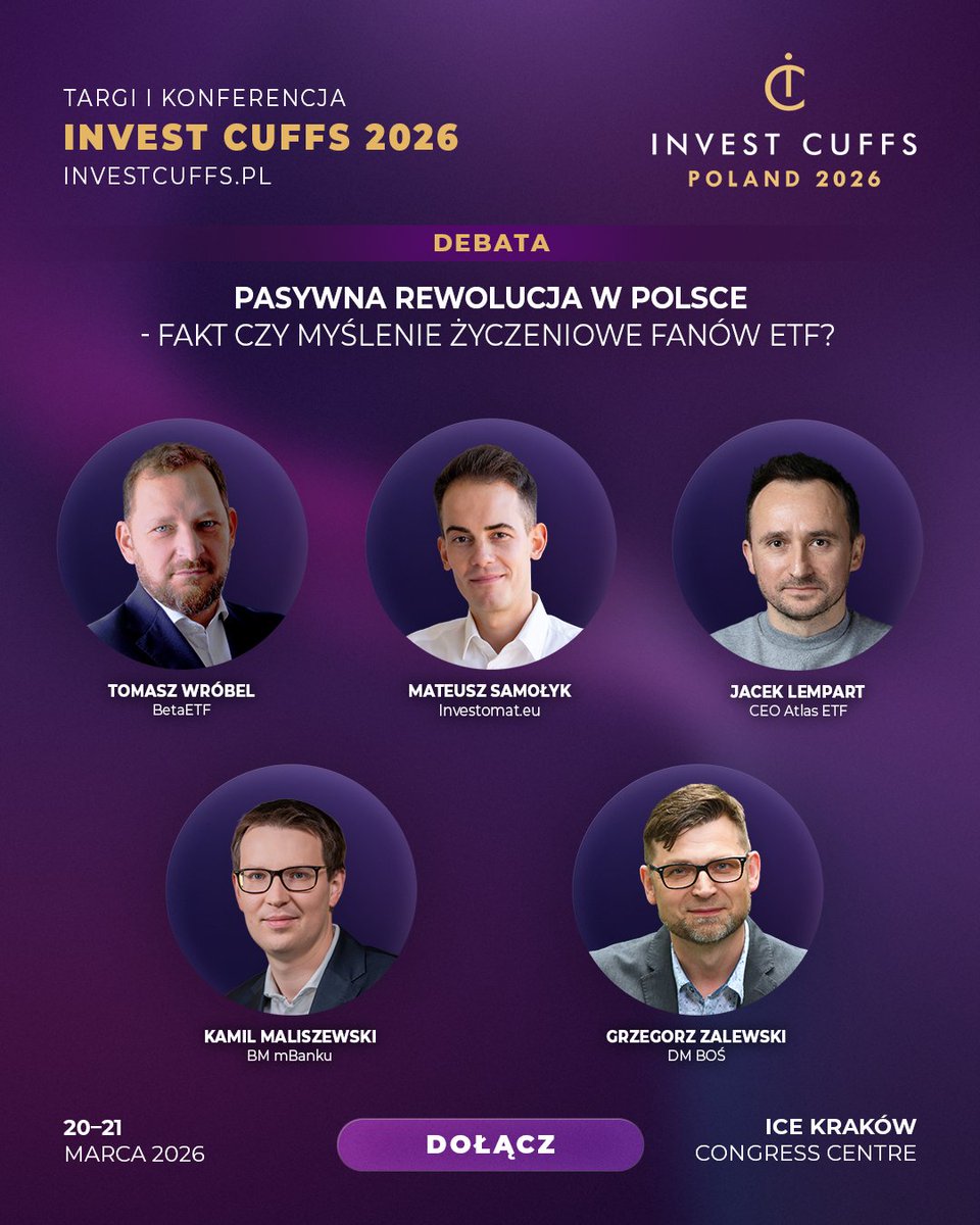 ETF-y miały być odpowiedzią na wszystko. 
Tanie, proste, skuteczne. Ale czy pasywne inwestowanie działa w polskich warunkach?
Na Invest Cuffs 2026 czterech ludzi z rynku weźmie ten temat na poważnie:

Tomasz Wróbel — Dyrektor sprzedaży w BetaETF
Mateusz Samołyk — Inwestomat,