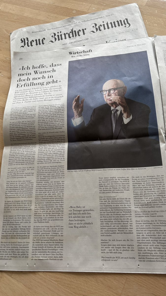 In a wide-ranging interview with the Swiss daily <a href="/NZZ/">NZZ</a>, <a href="/ProfKlausSchwab/">Klaus Schwab</a> discusses the future of the World Economic Forum and the latest publications from the <a href="/SchwabAcademy/">Schwab Academy</a>. Link below⬇️