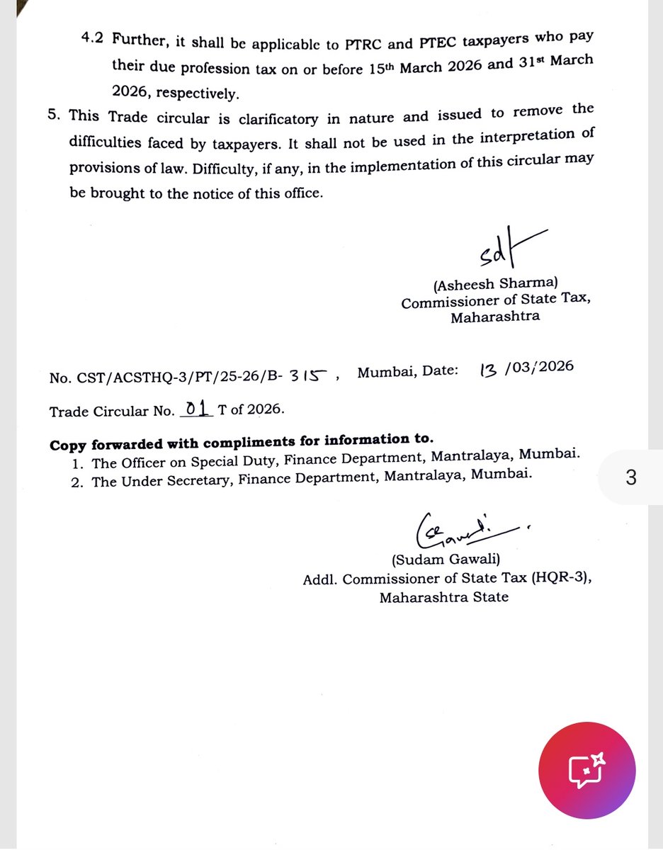 CAHimankSingla's tweet photo. BREAKING: Maharashtra Professional Tax : Temporary Compliance Relief

Due to technical glitches on the new Maha GST Portal, the department has temporarily disabled registration and return filing under the Profession Tax Act.

However, tax payment facility remains active. Taxpayers can discharge liability using PAN if PTEC/PTRC details cannot be fetched.

Key takeaways: 
✅ Payments made via PAN within due dates will be treated as valid compliance
✅ Taxpayers unable to register must apply for registration by 30 April 2026
✅ Relief applies only for compliances due in March 2026