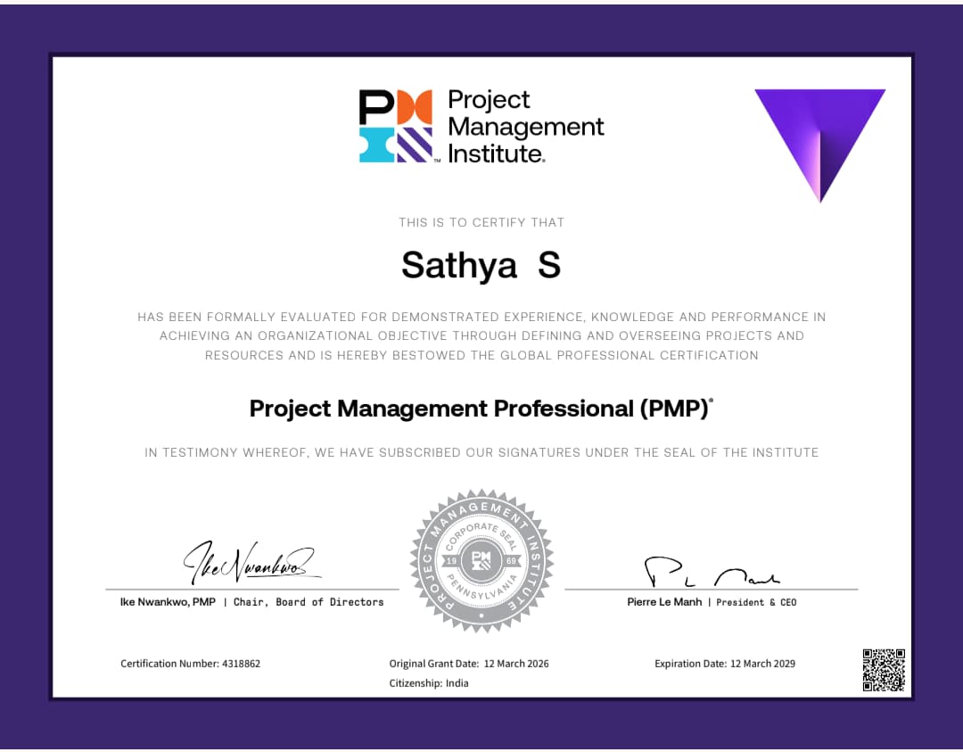 tanveermsayed's tweet photo. 🎉 Congratulations Sathya Samynathan on achieving PMP® Certification!TAN Globus Training 🚀 25+ PMP successes in recent weeks! Ready to be the next PMP? Join our April 2026 PMP Batch. 📅 4,5,11,12,18,19,25,26 April 🌐 https://t.co/yghWdHq3ZP 📲 WhatsApp: +91-96042 19878 #PMP https://t.co/XVnrnUMTVv