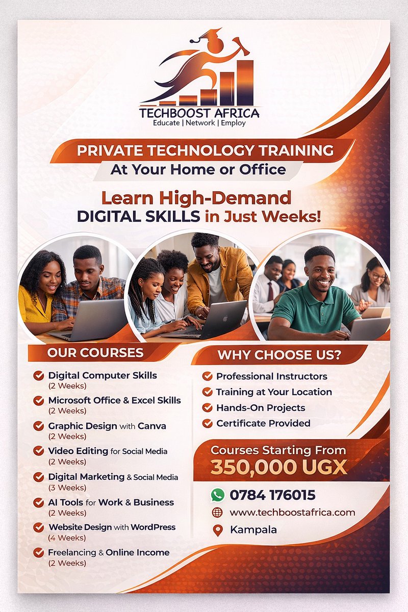nuetisaac's tweet photo. 💻 No classrooms. No boring theory. Just hands-on tech skills!
🎯 Web Dev't | Graphic Design | Digital Marketing | AI | Freelancing
📍 We train anywhere – home, office, café in Kampala
🔥 Flexible, practical &amp; beginner-friendly. Certificate included!
📲 WhatsApp: 0784176015⁠� https://t.co/WvCTS3mSfo