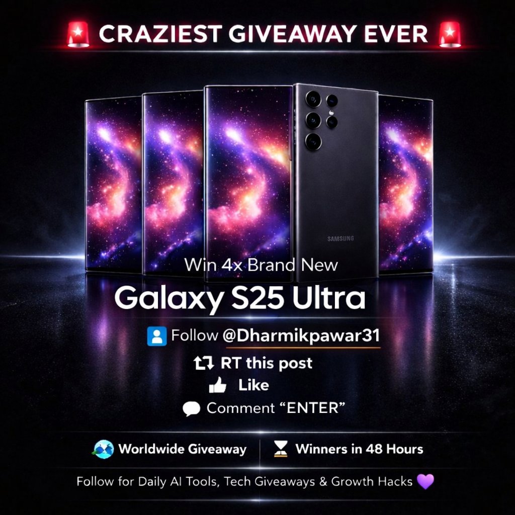 PrameshGajbhiy1's tweet photo. 🚨 CRAZIEST GIVEAWAY EVER 🚨

Win 4 Brand New Galaxy S25 Ultra.

How to enter:
• Follow the page
• Like this post
• Share / RT
• Comment “ENTER” below

🌍 Worldwide giveaway
⏳ Winners announced in 48 hours

Don’t miss your chance to win.
Follow for more @PrameshGajbhiy1 https://t.co/r3XmHKSSF0