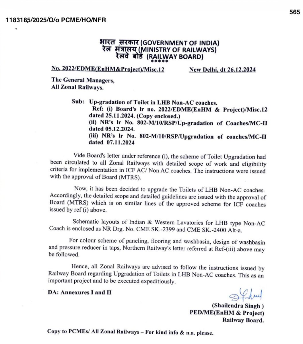 Railwhispers's tweet photo. your attention on serious concerns regarding the upgradation of toilets in #4000_ICF_conventional_coaches, as allocated through the RSP work under Pink Book Item No. 1254/2017-18 or 514/2023-24, as per the RlyBd’s Ltr. No. 2022/#EDME (#EnHM & Projects)/Misc12 dated 25.11.2024.. https://t.co/MP8cC7oy20