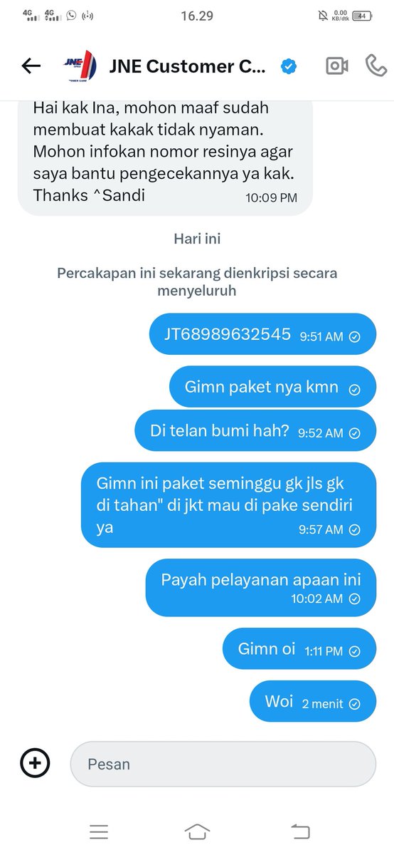 Ina_ina09's tweet photo. Bales DM gw Niat gk sih ngirim paket @JNECare !!!! https://t.co/6GpCrNpp2n