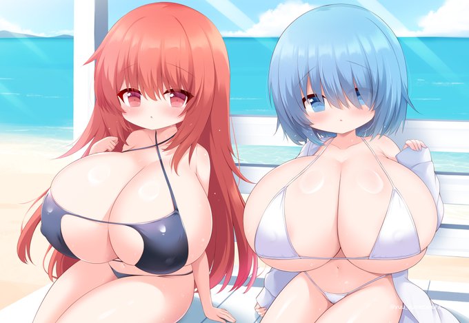 おまたせしましたskeb赤髪ちゃん青髪ちゃんです(o_ _)o まだ寒いけど水着じゃー(*゜▽゜)ノノ(・ (・