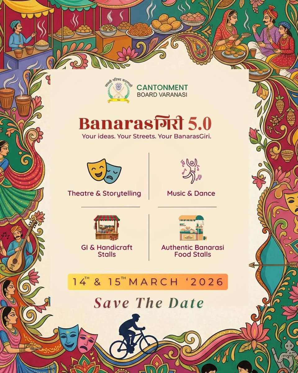 CanttVaranasi's tweet image. The streets of Banaras are getting ready once again.

BanarasGiri 5.0 is coming back with the same spirit of culture, creativity, and community that made the previous editions unforgettable. 

📅 14th &amp;amp; 15th March 2026

#banarasgiri #varanasi #streetshow #celebrating #street