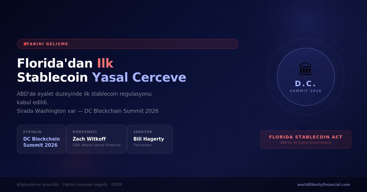 CyrptosSherlock's tweet photo. Florida, ABD’de eyalet düzeyinde ilk stablecoin yasal çerçevesini kabul ederek tarihi bir adım attı.

Bu gelişme, kripto varlık regülasyonunun artık yalnızca federal düzeyde değil, eyalet bazında da şekillenmeye başladığını gösteriyor. 

Florida’nın bu hamlesi, diğer eyaletler için de bir emsal teşkil edebilir.

World Liberty Financial’ın kurucu ortağı ve CEO’su Zach Witkoff, Digital Chamber’ın DC Blockchain Summit 2026’da Senatör Bill Hagerty ile birlikte sahne alacak. 

Tartışmanın Washington’a taşınması, federal düzeyde kapsamlı bir stablecoin düzenlemesinin de yakın olabileceğine işaret ediyor.

Türkiye açısından değerlendirildiğinde, 7518 sayılı Kripto Varlık Hizmet Sağlayıcıları Kanunu ile ülkemiz de bu alanda önemli bir adım atmış durumda. 

ABD’nin eyalet ve federal düzeyde atacağı adımlar, küresel regülasyon standartlarını doğrudan etkileyecek ve Türkiye’deki ikincil mevzuat çalışmalarına da yön verebilecek nitelikte.

⚠️ Bu paylaşım bilgilendirme amaçlıdır, yatırım tavsiyesi değildir. DYOR.

⚠️ Bu paylaşım @worldlibertyfi ile #işbirliği içinde , @worldlibertyfi içerik teşvik programı kapsamında hazırlanmıştır.