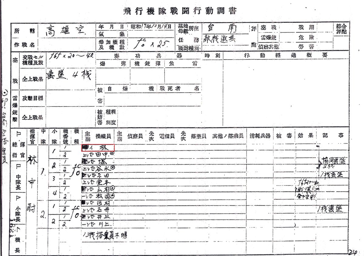 昭和十九年半ばを過ぎると台湾も後方地域ではなくなりました。
同年十月、台湾全土に米機動部隊艦載機が来襲し、台湾に基地のある航空隊の教官・教員も混成の部隊を編成し米機動部隊をも邀撃に上がりました。
林さんも邀撃戦で戦果を上げ哨戒任務にも従事しました。