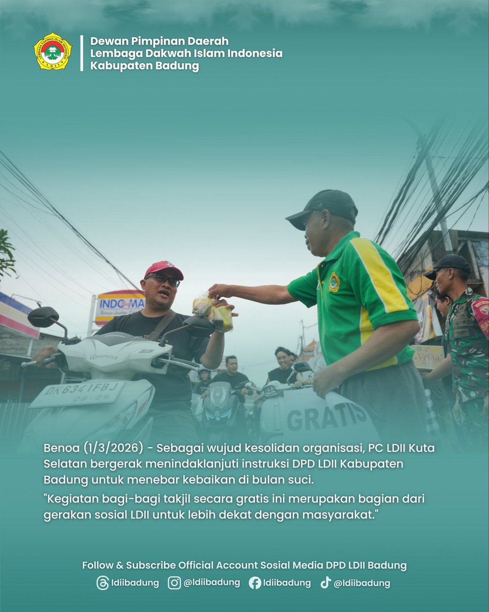 ldiibadung's tweet photo. Kuta Selatan – Pimpinan Cabang (PC) Lembaga Dakwah Islam Indonesia (LDII) Kecamatan Kuta Selatan menggelar aksi sosial pembagian takjil gratis kepada masyarakat dan pengguna jalan yang melintas di area Kuta Selatan. https://t.co/5J8qSPzYdW
