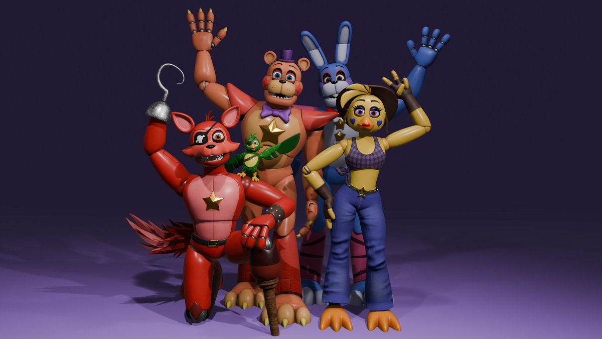 XianosChaos's tweet photo. Trying out doing more blender work, did a nice render of the Glamstars waving to their fans. 
Models by: @BLU3Dartist 
#GlamstarFreddy #GlamstarBonnie #GlamstarChica #GlamstarFoxy https://t.co/woL39vJHEb
