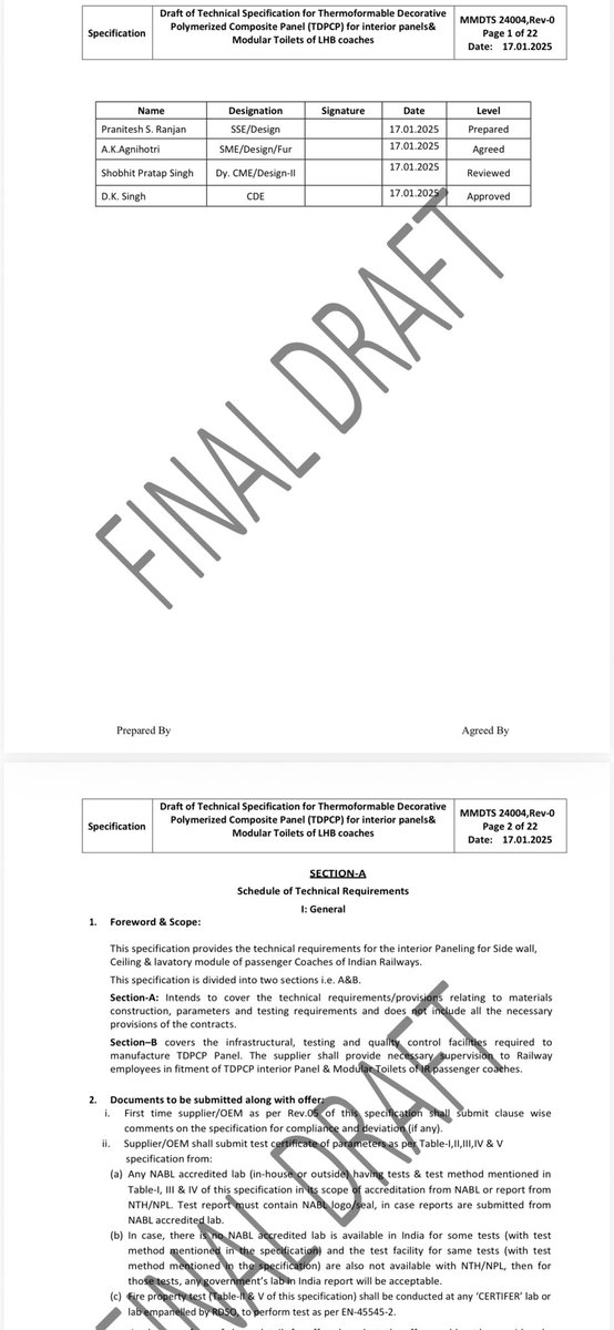 Railwhispers's tweet image. It is highly unusual &amp;amp; concerning that Boards’ RSP ltr. dtd 25.11.24 was issued before the finalization of the material #specifications for TDPCP. As per the information available, the #draft specification #MMDTS 24004,Rev-0, for this material was designed by #MCF during Dec’24..